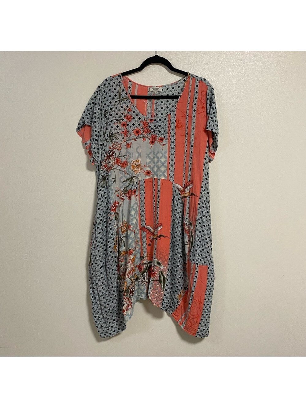 Orientique Naturally Australia Dress Womens Size 1X Floral Crane Patchwork Dress